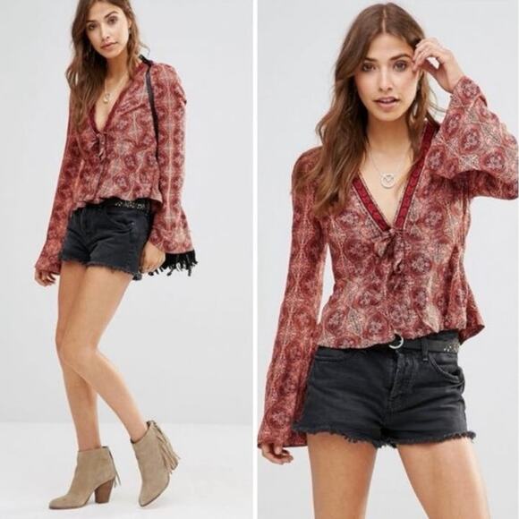 Free people Kaleidoscope top XS extra small bell sleeve tie boho drape blouse - Picture 16 of 16